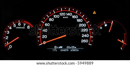 Autovehicle (Honda Accord 2007) dashboard: tachometer, speed-o-meter in km/h, fuel tank level and engine temperature indicator