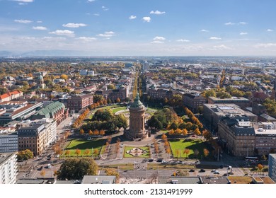 Autumn aerial cityscape of Mannheim city, Baden-Württemberg, Germany. Friedrichsplatz with the Mannheim Water Tower (Wasserturm) in the foreground 