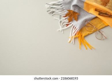 Autumn Aesthetic Concept. Top View Photo Of Plaid Scarf Cinnamon Sticks Yellow Maple Leaves And Stylish Glasses On Isolated Grey Background With Copyspace