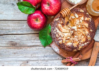 Autumn Apple Honey Almond Cake Pie On Rustic Wooden Background, Top View, Copy Space