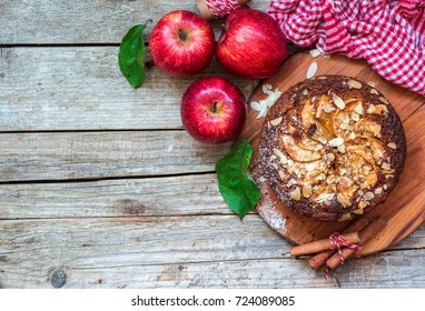 Autumn Apple Honey Almond Cake Pie On Rustic Wooden Background, Top View, Copy Space