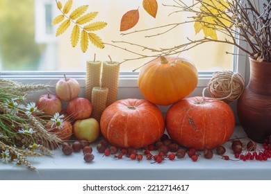 Autumn Authentic Set With Pumpkins, Wax Candles, Wheat Spikelets, Daisies, Apples And Clay Pot On White Window Sill, Selective Focus. Witchcraft, Mabon, Pagan Altar, Rite, September, Magic Concept