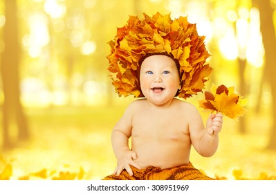 Autumn Baby, Little Kid In Fall Leaves Crown, Child Boy In Yellow Hat With Maple Leaf