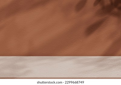 Autumn Backdrop Background Podium with Leaves shadow Silhouette on beige concrete wall texture,Summer scene display for Spring Beauty cosmetic product promotion,Nude Colour Cement Studio showcase Foto Stock
