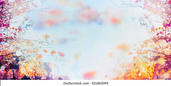 Autumn Background Blurred Bokeh Landscape Trees, Leaves And Sky