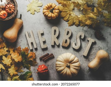 Autumn background with German word herbst, autumn leaves, pumpkins, cinnamon sticks on grey concrete table. Still life with wooden letters and seasonal decoration. Top view.
