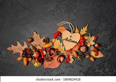 Autumn Background. Harvest Season. Paper Heart Tag, Acorns, Leaves, Nuts And Cones On Dark Table. Fall Time, Thanksgiving, Halloween Concept. Copy Space