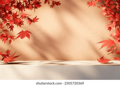 
Autumn background scene with red maple leaves on table with sunlight. Natural seasonal home decor for fall season, thanksgiving and holiday showroom.