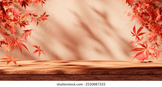 
Autumn background scene with red maple leaves branch and wooden table. Natural seasonal home decor for fall season, thanksgiving and holiday showroom.  - Powered by Shutterstock