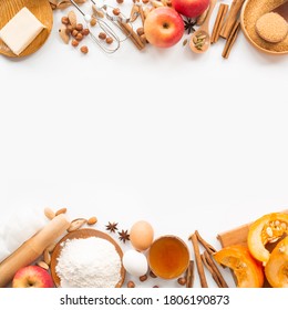 Herbstbacken Hintergrund Rahmen Design mit Kopienraum für Text. Kochen der Zutaten Kürbis, Äpfel, Weizen, Honigbutter Mehlnüsse, kräftige orangefarbene Farben