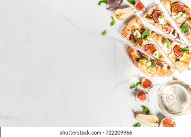 Autumn Baking Recipes. Sweet Pie Pizza Or Fruit Focaccia With Figs, Pears, Grapes, Cream Cheese, Walnuts And Mint. With White Wine Glass, On White Marble Background, Copy Space Top View