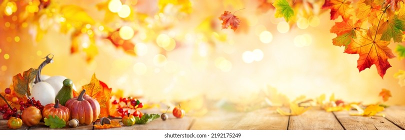 Autumn banner with fallen maple leaves and pumpkins on wooden vintage table. Autumn concept with red-yellow leaves background. Thanksgiving pumpkins. - Shutterstock ID 2192175249