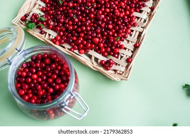 autumn berries on table, lingonberry raw closeup