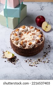 Autumn Birthday Cake On A Light Grey Background, Overhead View With Copy Space