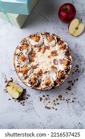 Autumn Birthday Cake On A Light Grey Background, Overhead View With Copy Space