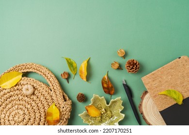 Autumn Business Concept. Boho Home Office Desk With Planner, Bag And Autumn Leaves On Green Background. Top View, Flat Lay