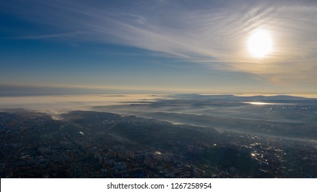 Autumn City At Sunrise With A Bird's Eye View.