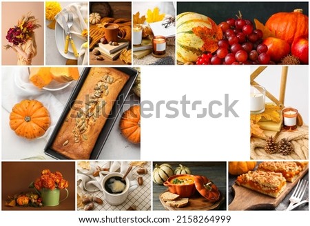 Autumn collage with pumpkin pie, hot coffee, aroma candles and space for text