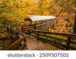 Autumn Color Forest Trail Covered Wooden Bridge for Pedestrians Flume Gorge Franconia Notch State Park. Beautiful Scenic Nature Path Sentinel Pine