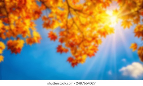 Autumn colored maple tree branch isolated at the edge of an empty sunny blue sky, blurry yellow and orange bright fall leaf background with copy space - Powered by Shutterstock