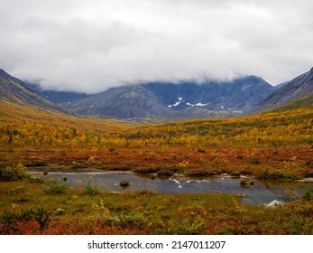 Autumn Colorful Tundra On The Background Mountain Peaks In Cloudy Weather. Mountain Landscape In Kola Peninsula, Arctic, Khibiny Mountains. Photo