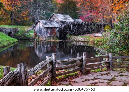 Autumn colors at Mabry Mill along the Blue Ridge Parkway in Virginia