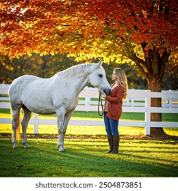 yapay zeka üretimi Autumn Colors Green Pasture Woman Interacting ...