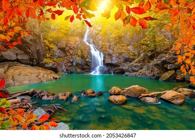 Autumn colors in stunning waterfall scenery. nature landscape in the depths of the forest. autumn view in nature. Erikli waterfall, Yalova, Turkey. - Shutterstock ID 2053426847