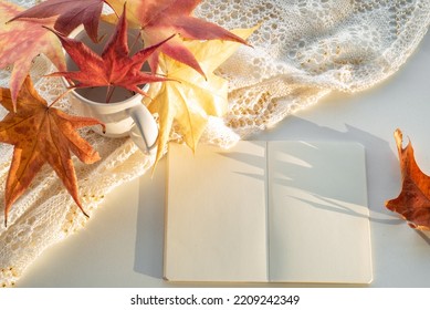 Autumn Composition. Blank Calendar, Notebook Mockup Over White Background. Colourful Dry Leaves. Autumn, Fall, Halloween Concept. Daylight At Sunset