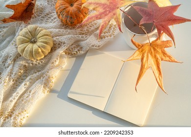 Autumn Composition. Blank Calendar, Notebook Mockup Over White Background. Pumpkins, Dry Leaves. Autumn, Fall, Halloween Concept. Daylight At Sunset