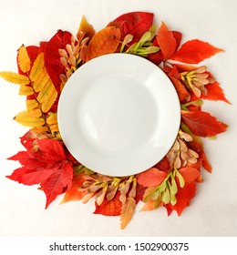 Autumn Composition Concept Background. Autumn Bright Leaves. Flatlay Background, Thanksgiving Table, Empty Plate, Seasonal Concept Menu Of Cafe, Restaurant