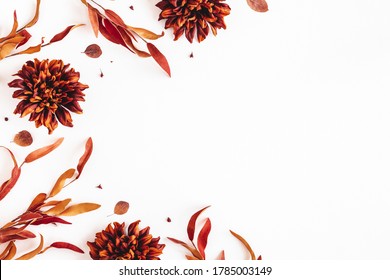 Autumn Composition. Dried Flowers And Leaves On White Background. Autumn, Fall, Thanksgiving Day Concept. Flat Lay, Top View