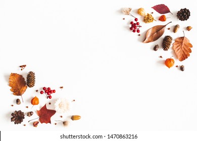 Autumn composition. Dried leaves, flowers, berries on white background. Autumn, fall, thanksgiving day concept. Flat lay, top view, copy space - Shutterstock ID 1470863216