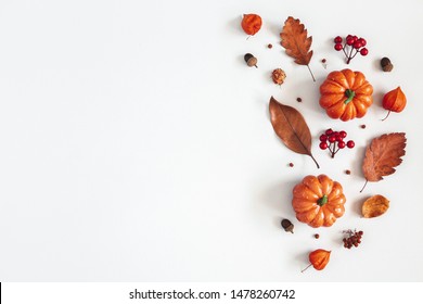 Autumn composition. Dried leaves, pumpkins, flowers, rowan berries on white background. Autumn, fall, halloween, thanksgiving day concept. Flat lay, top view, copy space - Shutterstock ID 1478260742