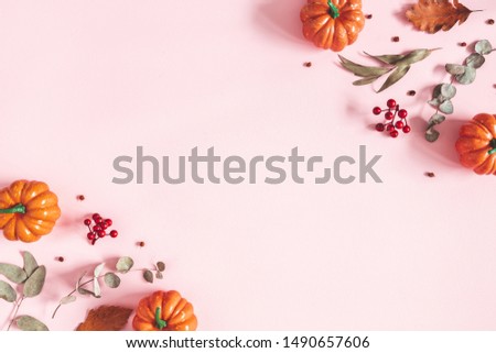 Autumn composition. Dried leaves, pumpkins, flowers, rowan berries on pink background. Autumn, fall, halloween, thanksgiving day concept. Flat lay, top view, copy space