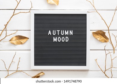 Autumn composition. Flatlay letter board with sign "AUTUMN MOOD", fall autumn leaves, golden decorations on white wooden background. Flat lay, top view. 