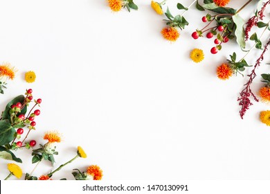 Autumn Composition. Frame Made Of Colorful Flowers On White Background. Autumn, Fall Concept. Flat Lay, Top View, Copy Space