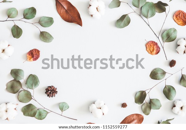 Autumn composition. Frame made\
of eucalyptus branches, cotton flowers, dried leaves on pastel gray\
background. Autumn, fall concept. Flat lay, top view, copy\
space