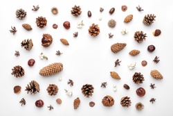 Autumn Composition, Frame Made Of Pine Cones, Acorns And Chestnuts. Flat Lay, Top View.
