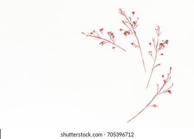Autumn Composition. Frame Made Of Autumn Red Flowers. Flat Lay, Top View, Copy Space