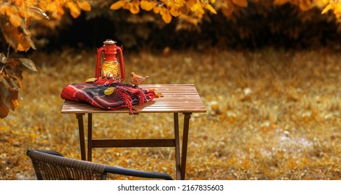 Autumn Composition In Autumn Garden. Warm Woolen Red Blanket, Lantern, Decorations, Autumn Leaves On Wooden Garden Furniture. Fall Background, Copy Space