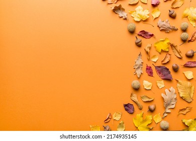 Autumn composition. Pattern made of dried leaves and other design accessories on table. Flat lay, top view. - Shutterstock ID 2174935145