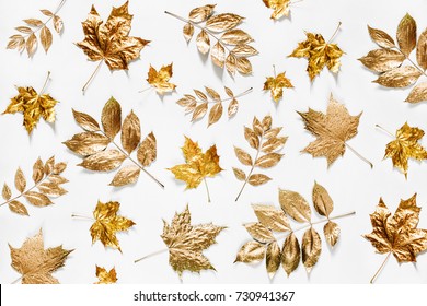 Autumn Composition. Pattern Made Of Autumn Golden  Leaves On  White Background. Flat Lay, Top View, Copy Space