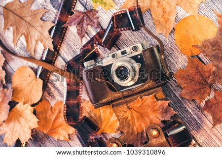 Autumn composition. Retro camera, autumn leaves, checkers on a wooden background and a cushion of autumn leaves. Vintage film around the camera. Nostalgia for autumn. The view from the top. Stock photo © 