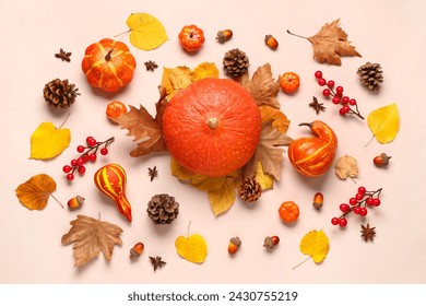 Autumn composition with ripe pumpkins, berries, spices and fallen leaves on pink background - Powered by Shutterstock