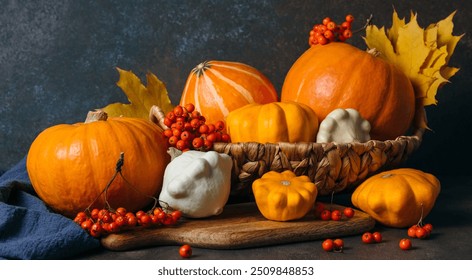 Autumn composition for Thanksgiving Day, still life background. Pumpkin harvest in basket, vegetables, patissons, autumn leaves, red berries on wooden table. Fall decoration design. Banner - Powered by Shutterstock