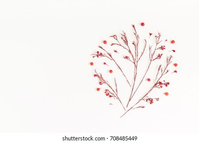 Autumn Composition. Tree Made Of Autumn Red Flowers And Berries. Flat Lay, Top View, Copy Space