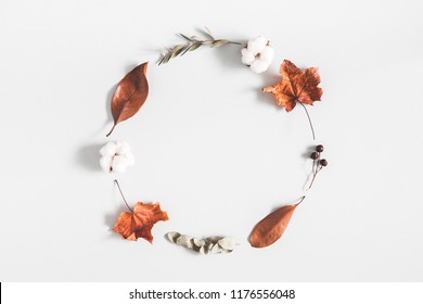 Autumn composition. Wreath made of eucalyptus branches, cotton flowers, dried leaves on pastel gray background. Autumn, fall concept. Flat lay, top view, copy space: stockfoto