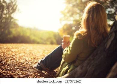 Autumn Concept, Anonymous Woman Enjoying Takeaway Coffee Cup On Sunny Cold Fall Day