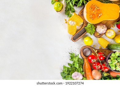 Autumn Cooking Background. Organic Autumn Harvest Vegetables, Raw Vegan Ingredients For Cooking Traditional Thanksgiving And Fall Food On White Background, Top View